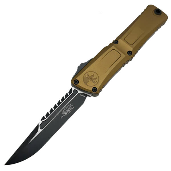 Microtech Combat Troodon Gen III Interceptor Auto OTF 3.75" Black Tactical Interceptor-Style Plain Blade - Tan