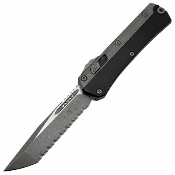 Microtech Glykon Auto OTF 3.75" Apocalyptic Full Serrated Tanto Blade - Black/Grey