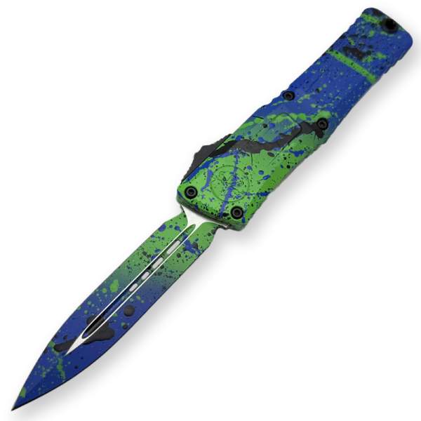 Microtech Signature Series Combat Troodon Gen III Splatter Auto OTF 3.75" Painted Plain Double Edge Dagger - Green Mamba/Black Green Blue Splatter