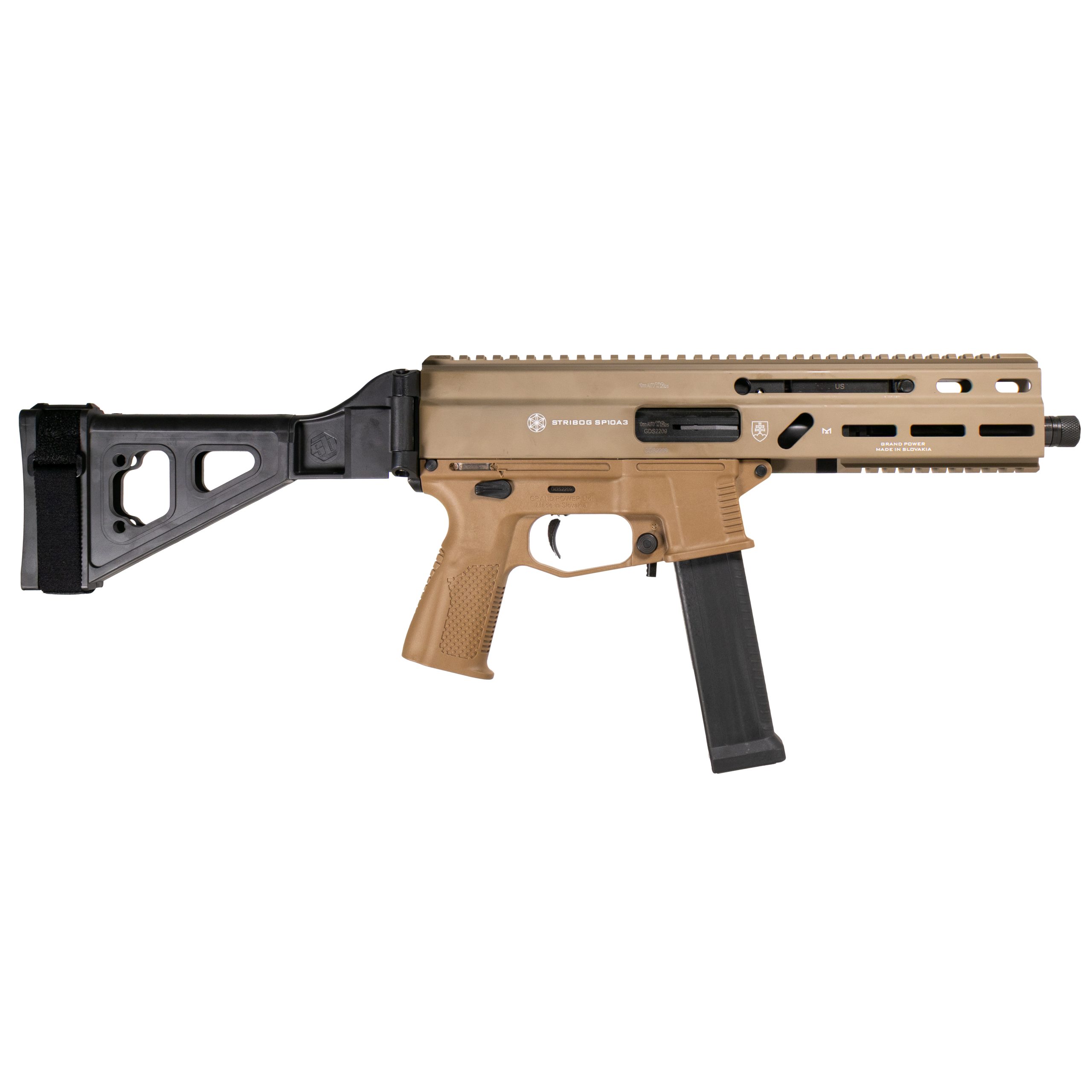 Grand Power Stribog SP10A3 10mm AR Pistol w/ SBT Brace - FDE