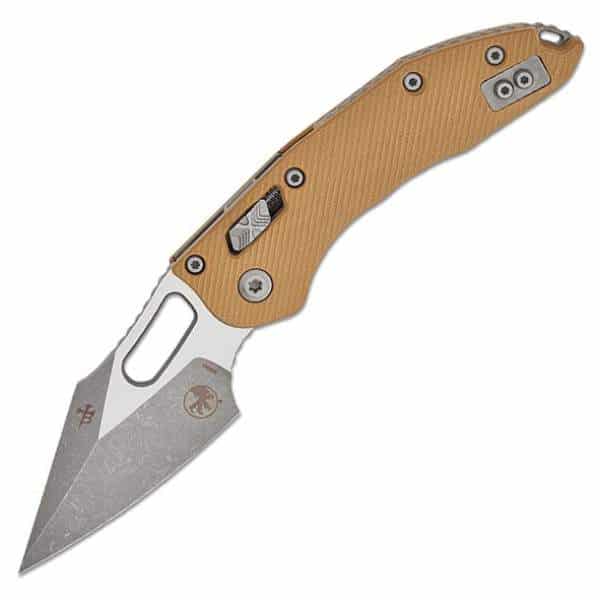 Microtech Borka Blades Stitch RAM-LOK Manual Folding 3.625" Apocalyptic Spear Point Plain Blade - Tan Fluted