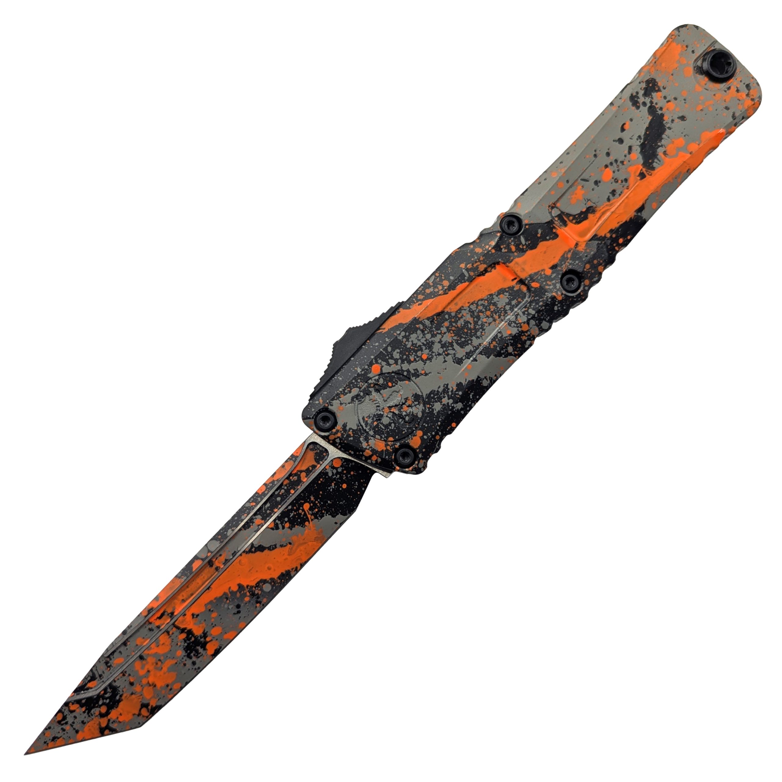 Microtech Combat Troodon Gen III Auto OTF 4.125" M390MK Double Edge Dagger - Grey, Black, Orange Splatter
